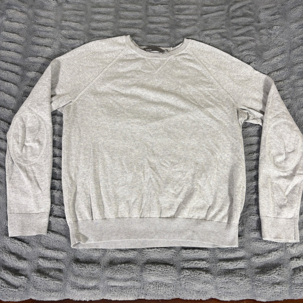 Vince Mens Gray Cotton Raglan‎ Crewneck Sweater Elbow Patches Size M AR098